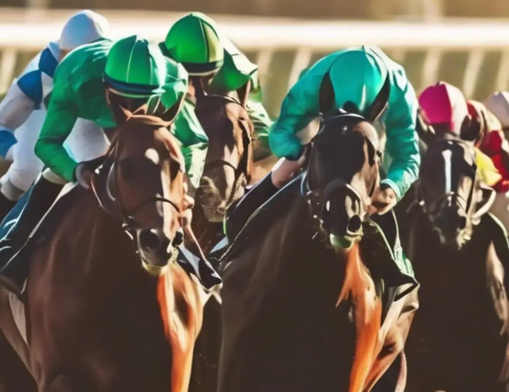 Horses and their jockeys, on the racecourse mid race